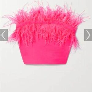 STAUD Nellie Strapless Cropped Feather-trimmed Knitted Top